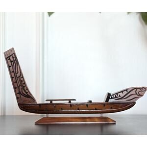 Vintage Hand Carved Wood Maori War Canoe Boat Model New Zealand Meadswood 13"